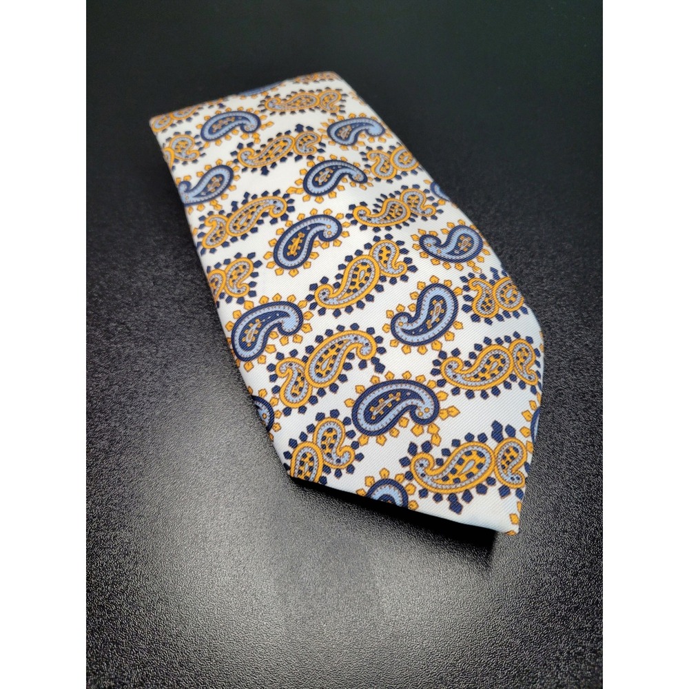 Christian Dior Men's Necktie White Blue Yellow Paisley Silk 3.75"x56" Excellent